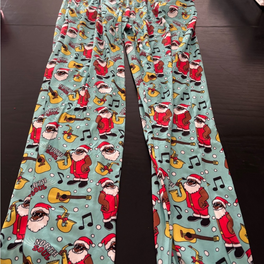 Blue and Red Pajama Bottoms with Festive Holiday Pattern
